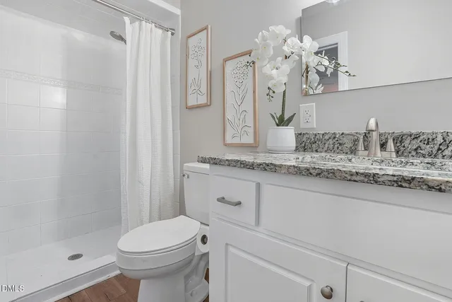a bathroom with a granite countertop sink a toilet and shower