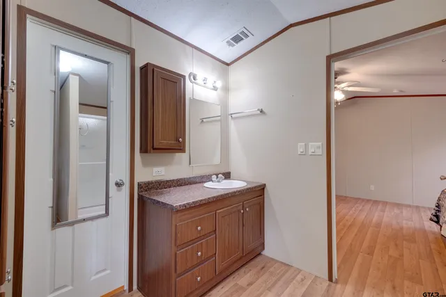 a bathroom with a granite countertop sink mirror and vanity