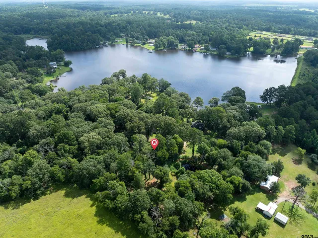 an aerial view of lake residential house with outdoor space and trees around