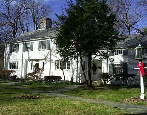 a front view of house with yard and green space