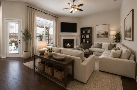 a living room with furniture and a fireplace