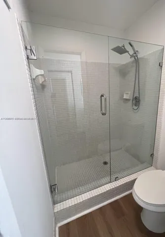 a bathroom with a shower and a toilet