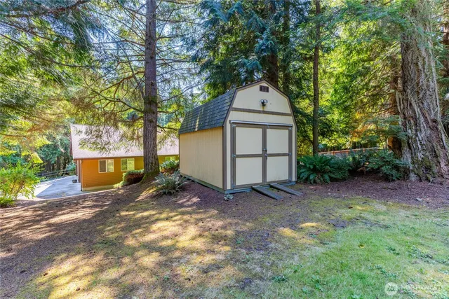 a view of backyard with a barn and a large tree