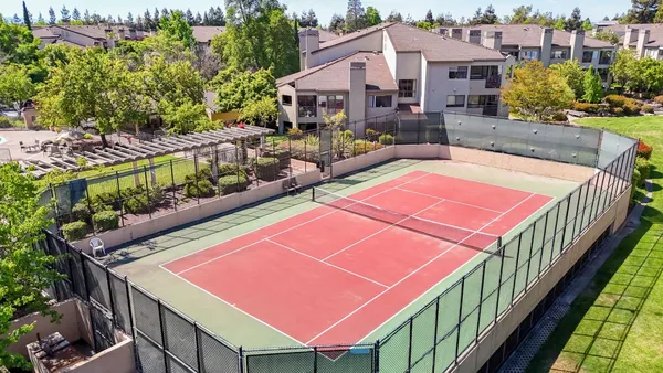 an aerial view of a swimming pool