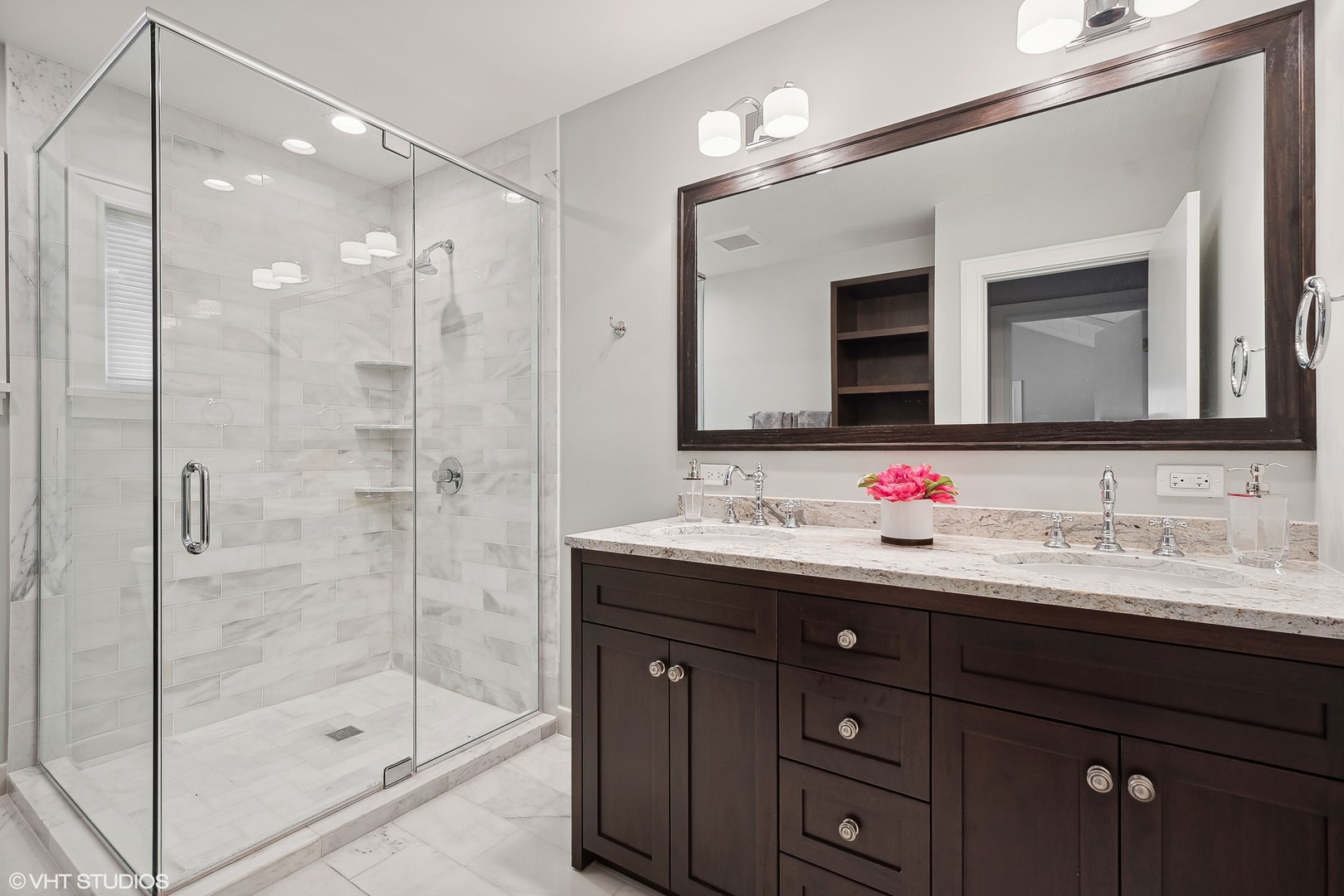 526 Coronet Road Glenview, IL 60025 - Photo 21 of 23 a bathroom with a double vanity sink mirror and shower