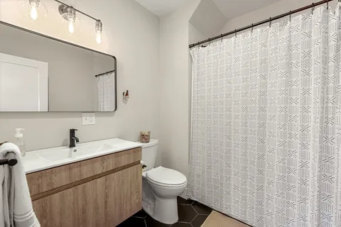 a bathroom with a sink a toilet and shower curtain