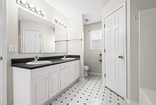 a bathroom with a sink a toilet and a mirror