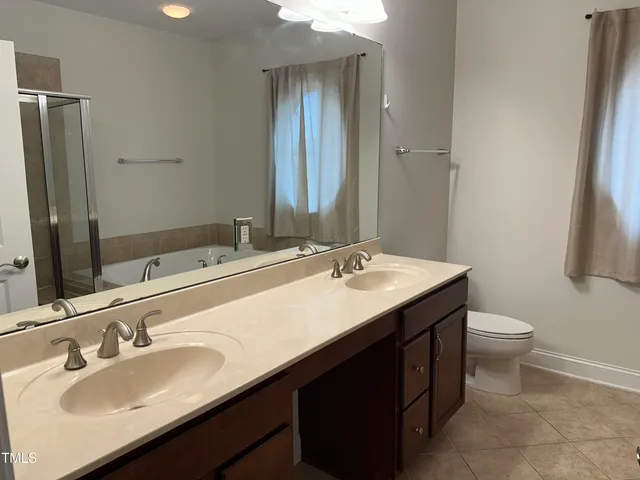 a bathroom with a double vanity sink toilet and mirror