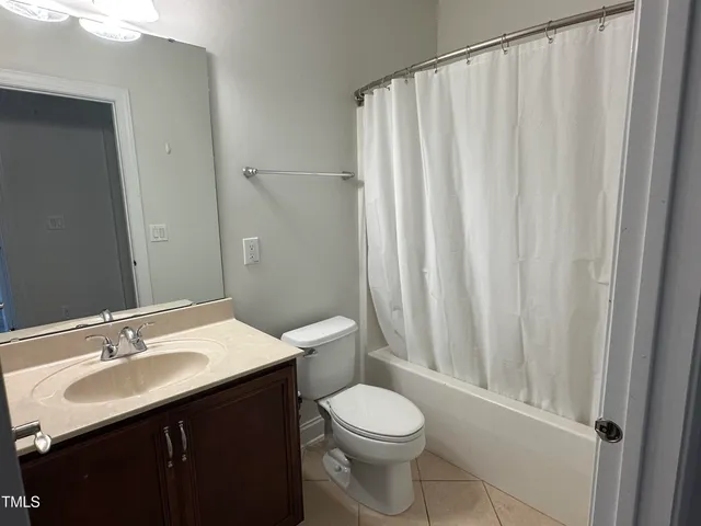a bathroom with a sink a toilet and shower curtain