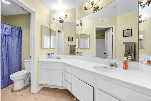 a bathroom with a sink a toilet and a large mirror