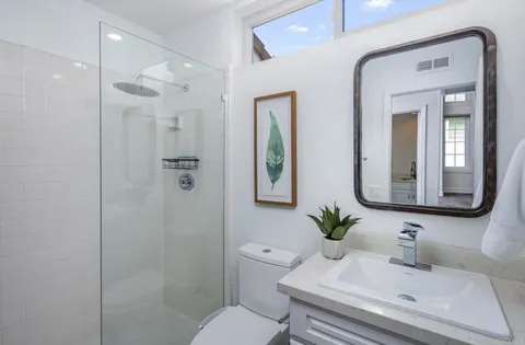 a bathroom with a toilet a sink a shower and a mirror
