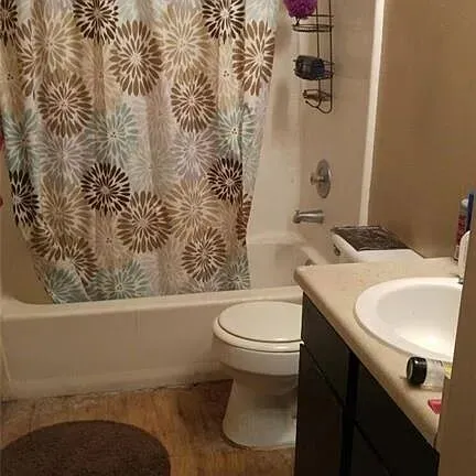 a bathroom with a sink and mirror with toilet