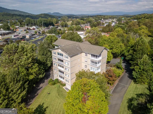 an aerial view of a house with a garden