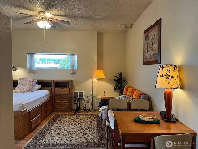 an aerial view of a house with a garden