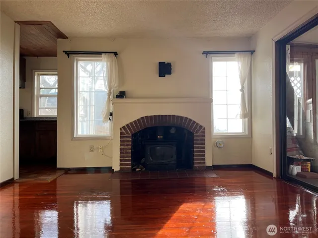 a living room with a fireplace