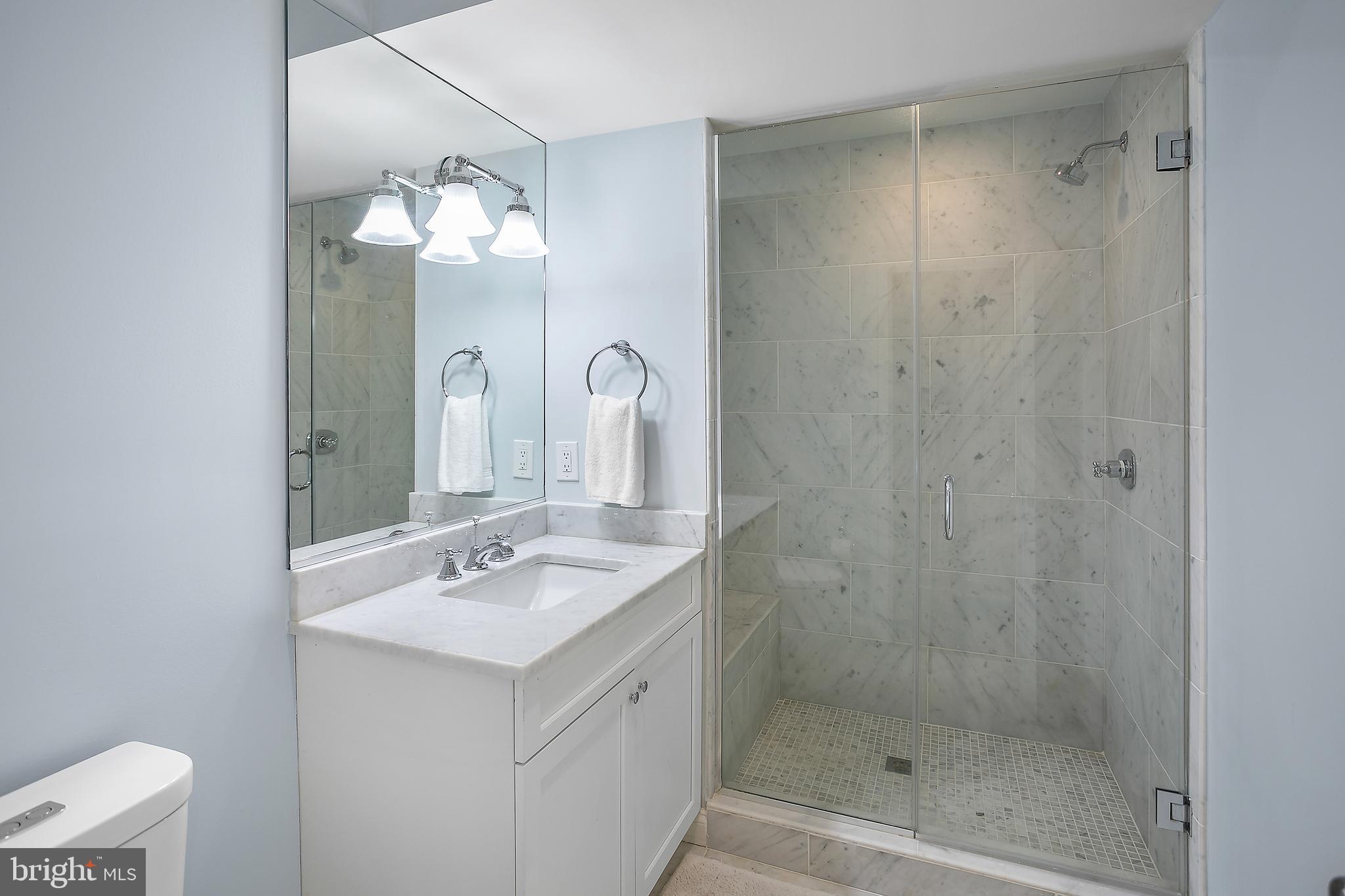 2807 Q Street Northwest Washington, DC 20007 - Photo 28 of 34 a bathroom with a shower a sink and a mirror