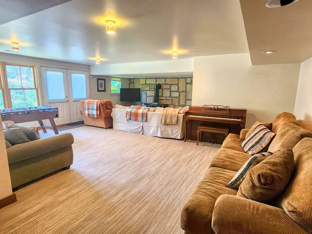 an aerial view of a house with a garden