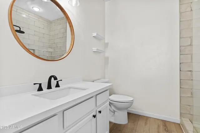 a bathroom with a sink a mirror and a toilet