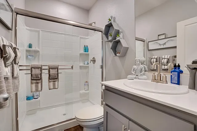 a bathroom with a sink a toilet and shower