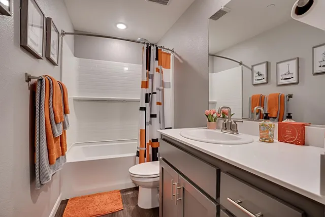 a bathroom with a sink toilet and shower