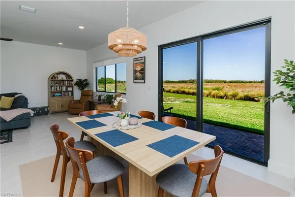a view of a dining room with furniture window and outside view