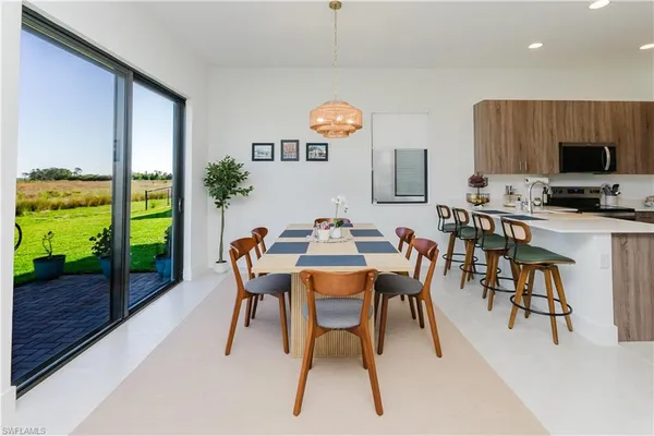 a view of a dining room with furniture window and outside view