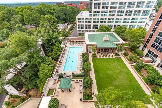 aerial view of a multi story building