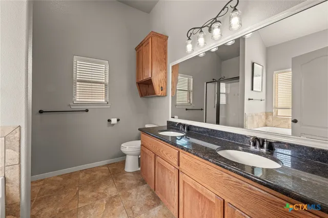 a bathroom with a granite countertop sink a toilet and mirror