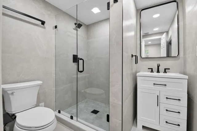 a bathroom with a sink a mirror a toilet and shower