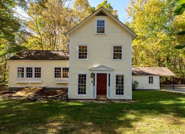 a view of a yard in front of a house with plants and large tree