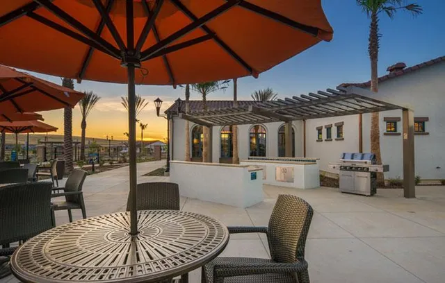 an outdoor space with seating