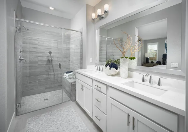 a bathroom with a double vanity sink mirror and shower