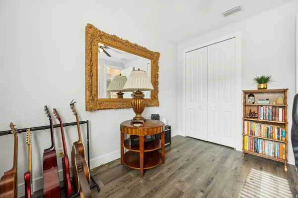 an aerial view of a house with a garden