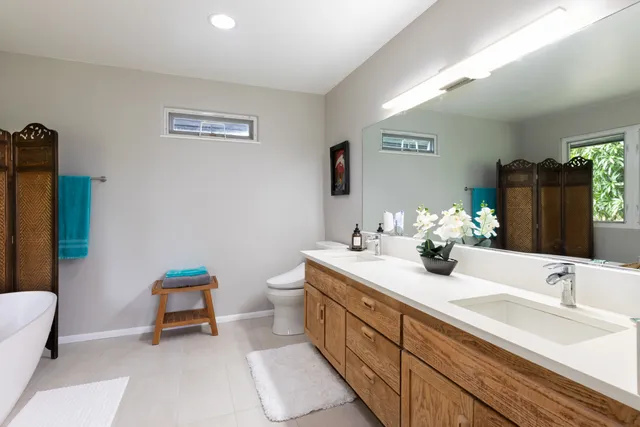 a bathroom with a sink double vanity and a toilet