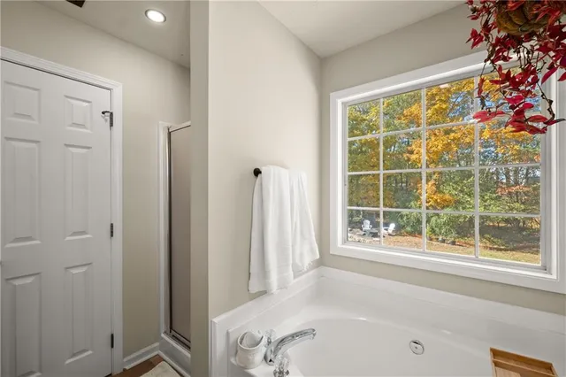 a bathroom with a bathtub and shower