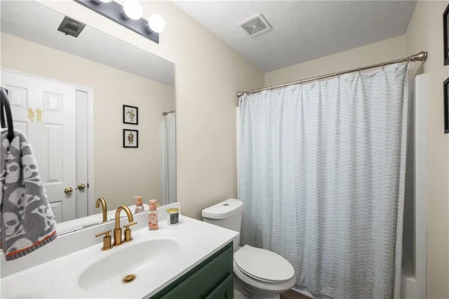 a bathroom with a sink a toilet and shower curtain