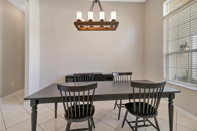 a view of a dining room with furniture window and outside view