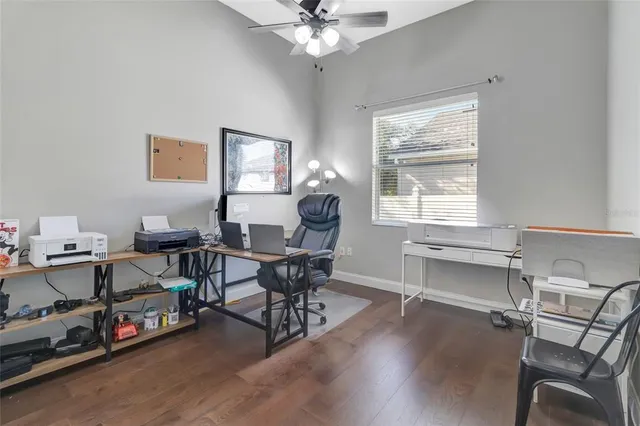 a workspace with wooden floor