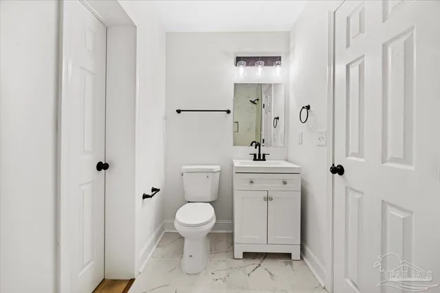 a bathroom with a toilet a sink a mirror and vanity