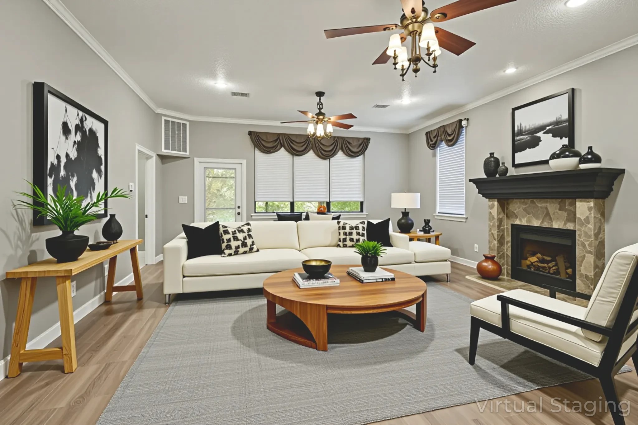 35 Susan Drive Cleveland, TX 77327 - Photo 24 of 33 Experience a cozy, digitally staged living room featuring elegant decor, a welcoming fireplace, and abundant natural light—perfect for stylish and comfortable living.