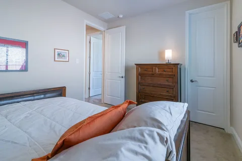 a bedroom with a bed and a closet