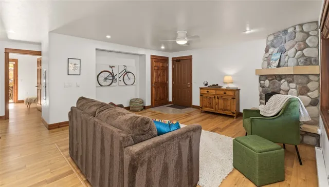 a living room with furniture potted plant and a fireplace