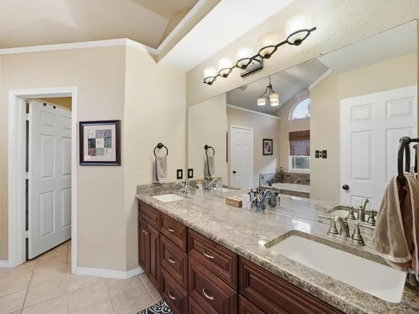a bathroom with a granite countertop sink a mirror and shower