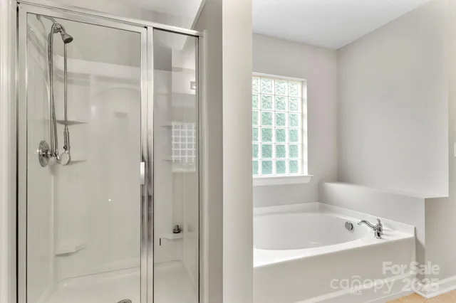 a bathroom with a bathtub and shower
