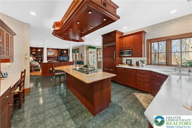 a large kitchen with lots of counter top space