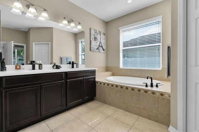 a bathroom with a tub double vanity sink and mirror