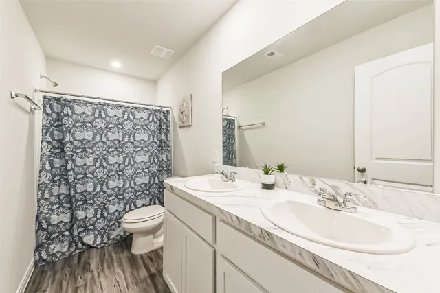 a bathroom with a sink toilet and shower