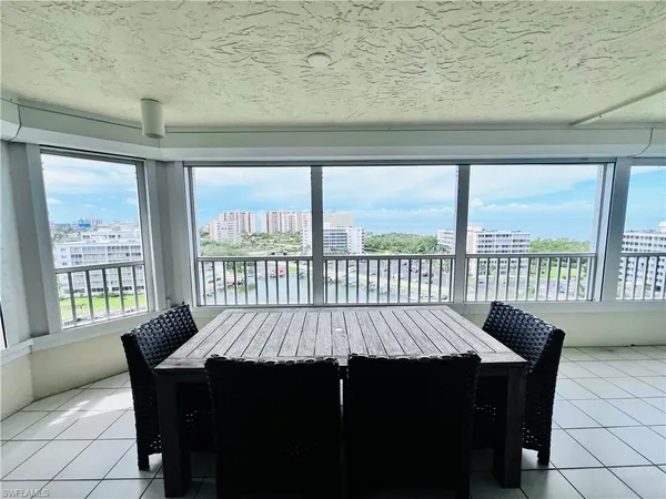 a view of a dining room with furniture window and outside view