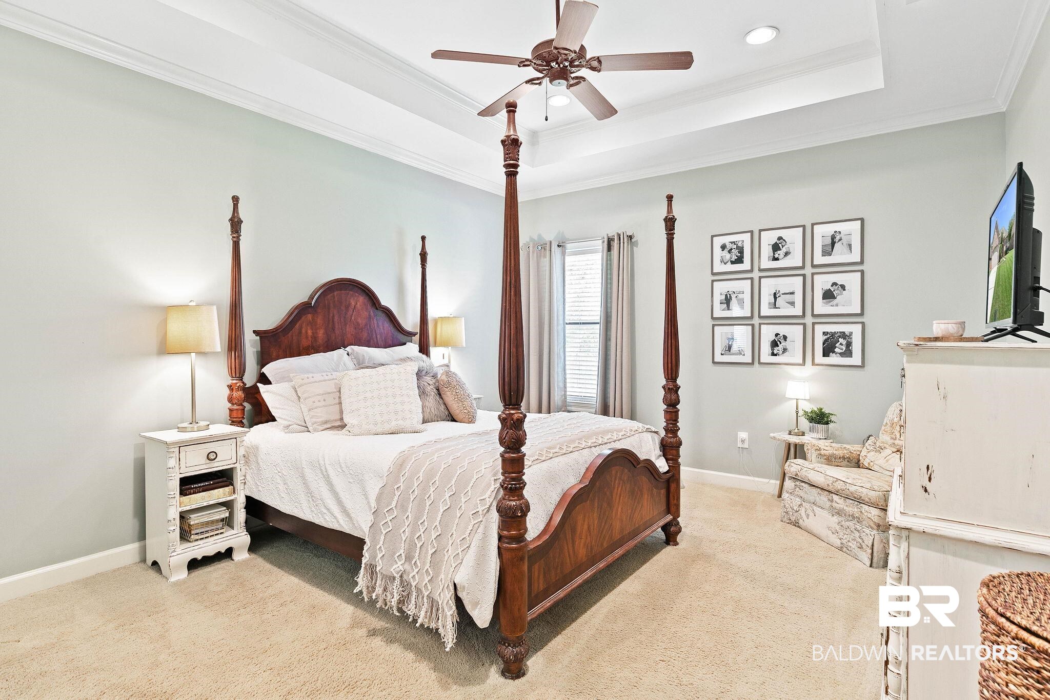 9522 Sanibel Loop Daphne, AL 36526 - Photo 20 of 43 Bedroom featuring a raised ceiling, crown molding, light colored carpet, ceiling fan, and recessed lighting