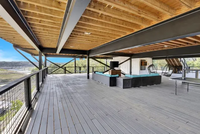 an outdoor space with seating